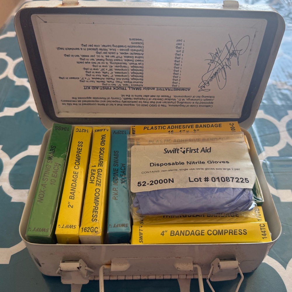 Vintage First Aid Kit with Yellow, Green, Blue, Purple Supplies